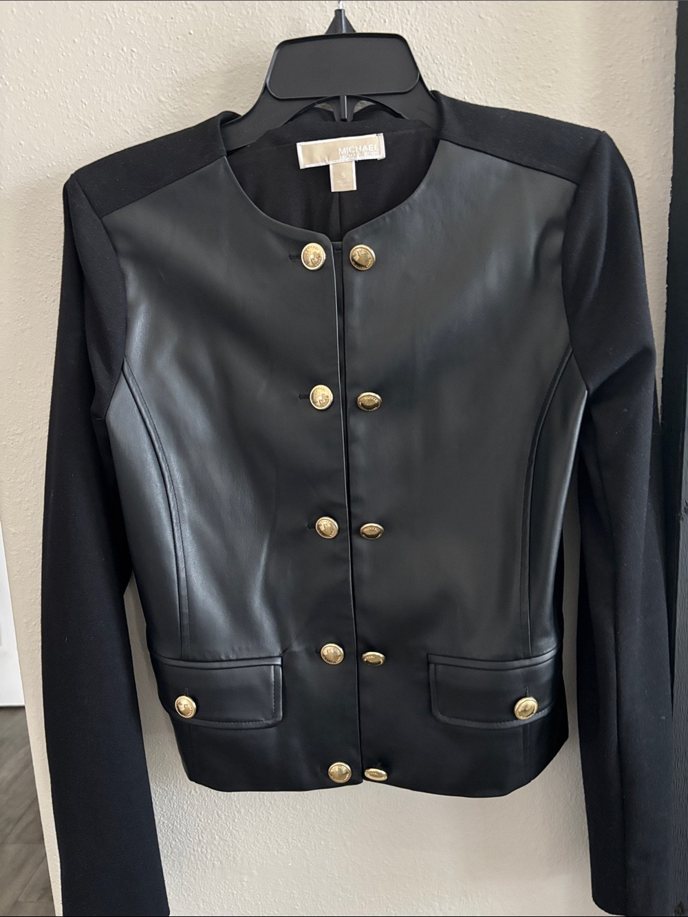 MICHAEL Michael Kors Black Faux Leather Military-Style Jacket with Gold Buttons